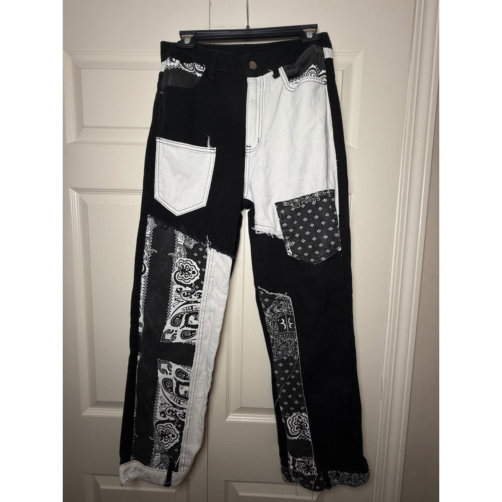 Streetwear Black White Colorblock Patchwork Bandana Paisley Print Jeans Medium